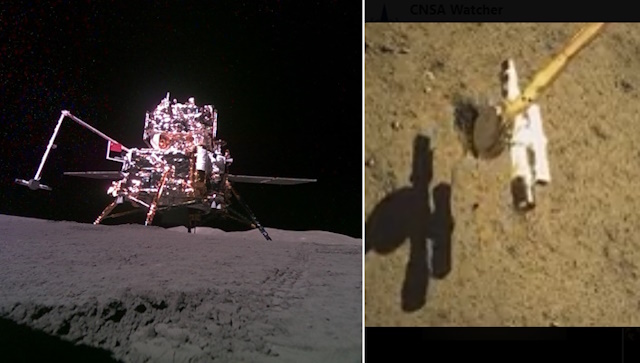 月面上の着陸機とサンプル採取の様子