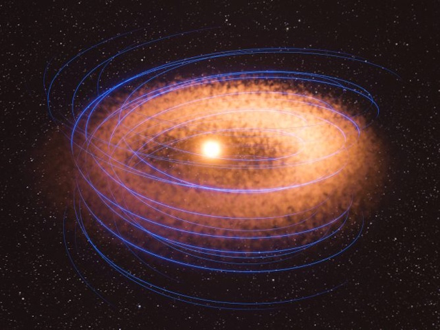 HD 142527の原始惑星系円盤の想像図と磁力線