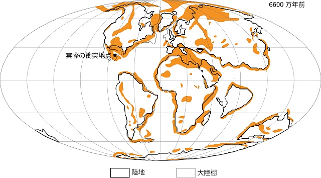 直径9kmの小惑星が衝突した場合に大量絶滅が起こったと推定される領域